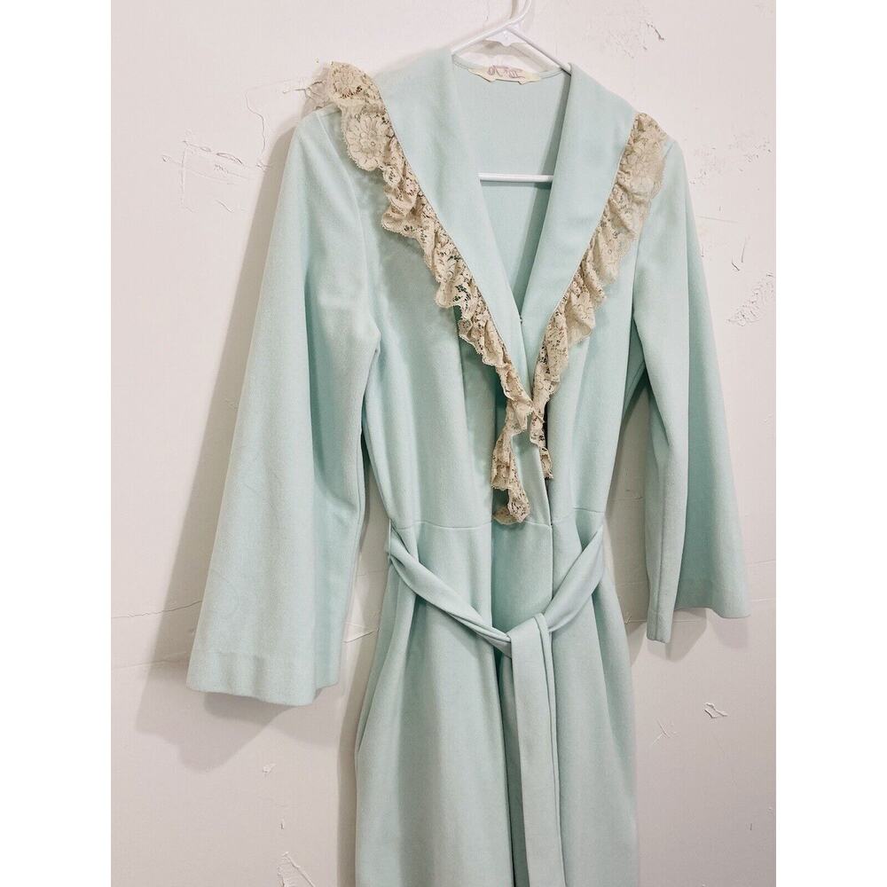 Vintage Vanity Fair Women's Long Lace Blue Green Velour Wrap Robe Size 12 Ruffle